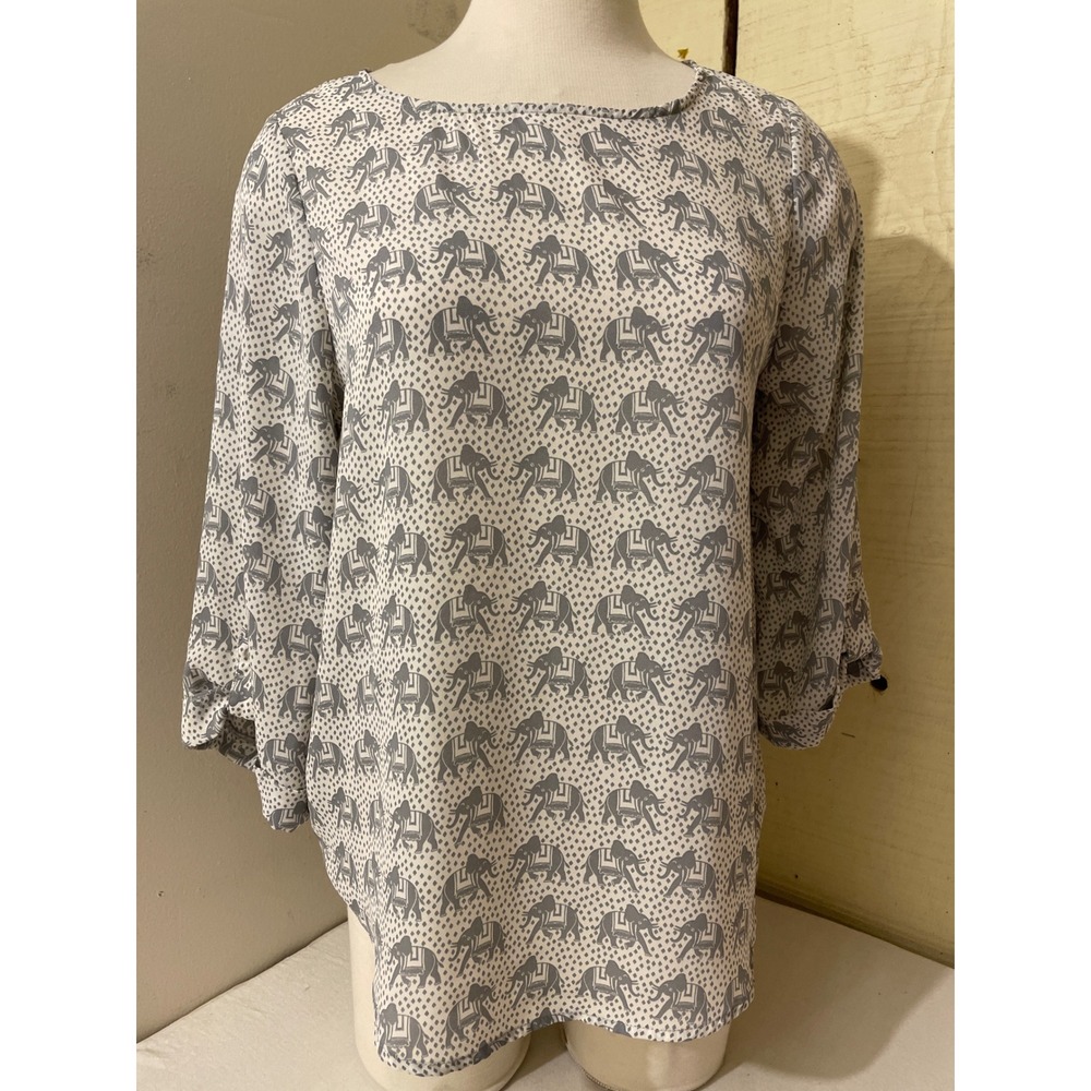 Pixley Womens Size Small Elephant Print Blouse Top Gray Bohemian Lightweight